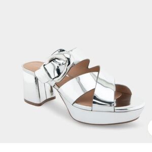 Sexy  Crisscross Platform Slide Sandal in Silver Mirror Metallic Faux Leather